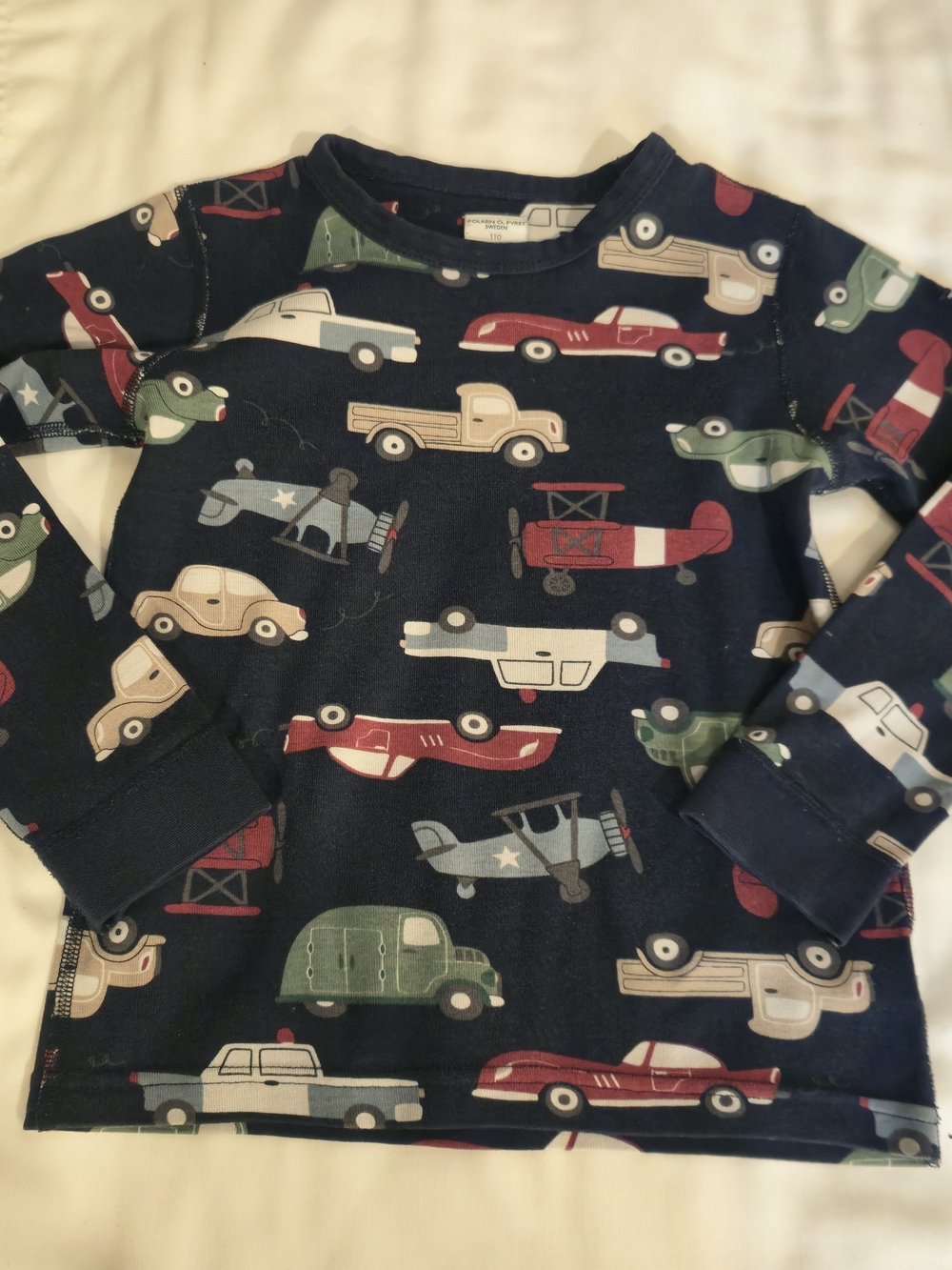 Polarn O. Pyret Navy Blue Long-Sleeve Top with Vehicle & Plane Print